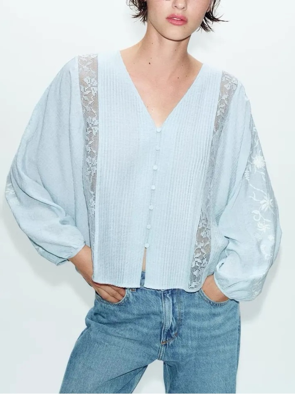 BNWT ZARA Light Blue V-Neck Lace-Trim Button Front Embroidered Blouse